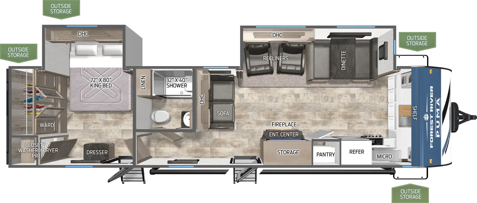 The Puma 31FKRK floorplan has two entries and two slide outs. Exterior features include: metal exterior and 21' awning. Interiors features include: front kitchen and rear bedroom.